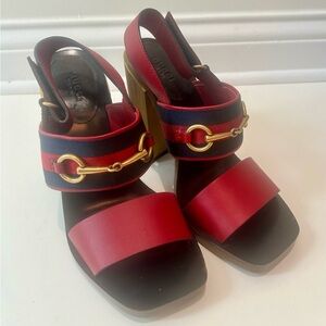 Authentic Gucci Red Leather Horsebit Sandal Heels -size 8